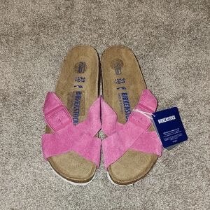 Birkenstock Pink Suede Crisscross Slide Sandals